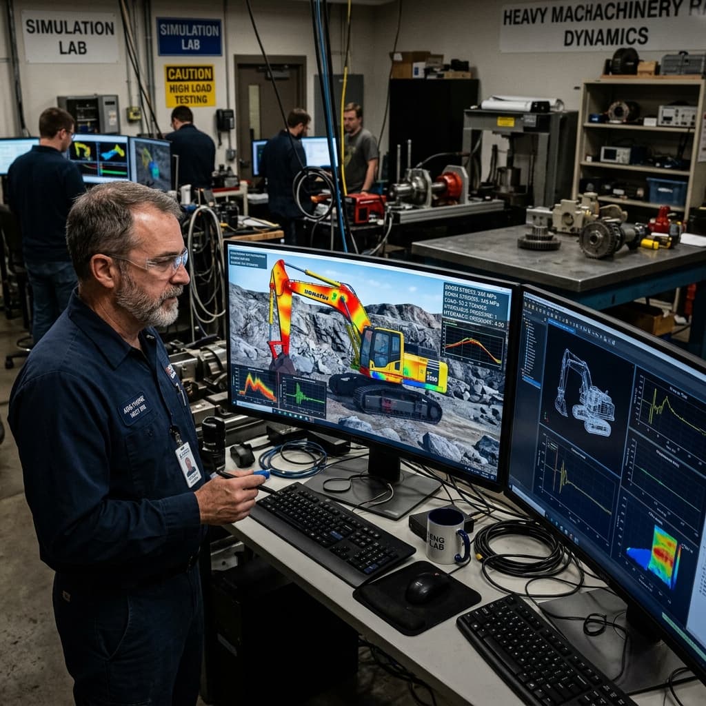 A complex glowing digital twin simulation model of a robotic assembly line mirrored against the real physical assets running in parallel