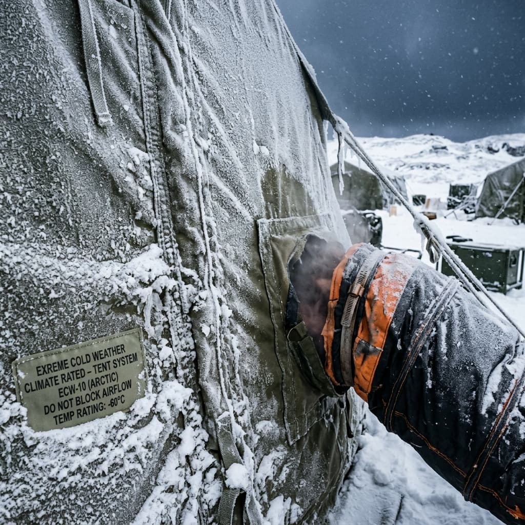 Close up of rugged, insulated military tent fabric with frost and heavy ice buildup next to an industrial heater duct
