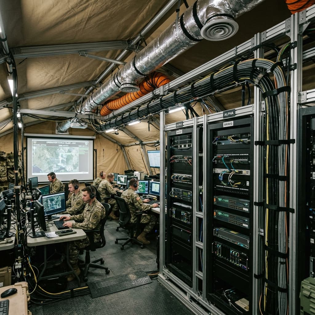 A complex military command post tent interior showing seamless integration