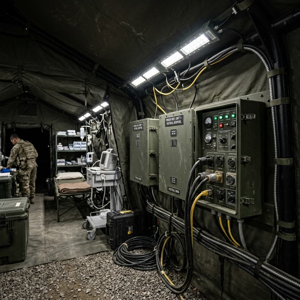 Advanced specialized military LED lighting arrays and heavy duty localized power distribution generator boxes