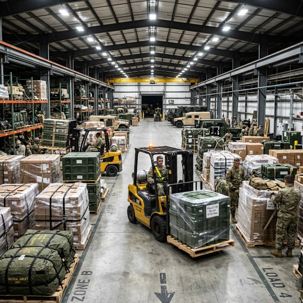A massive military logistics warehouse illuminated by bright industrial lights with tent crates