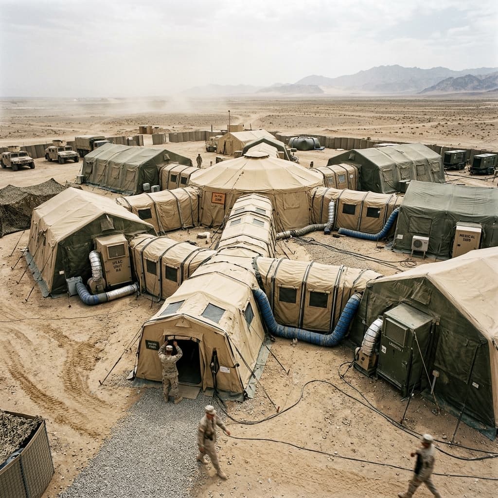 Complex interconnected modular military tent system seen from the exterior on a dusty desert base