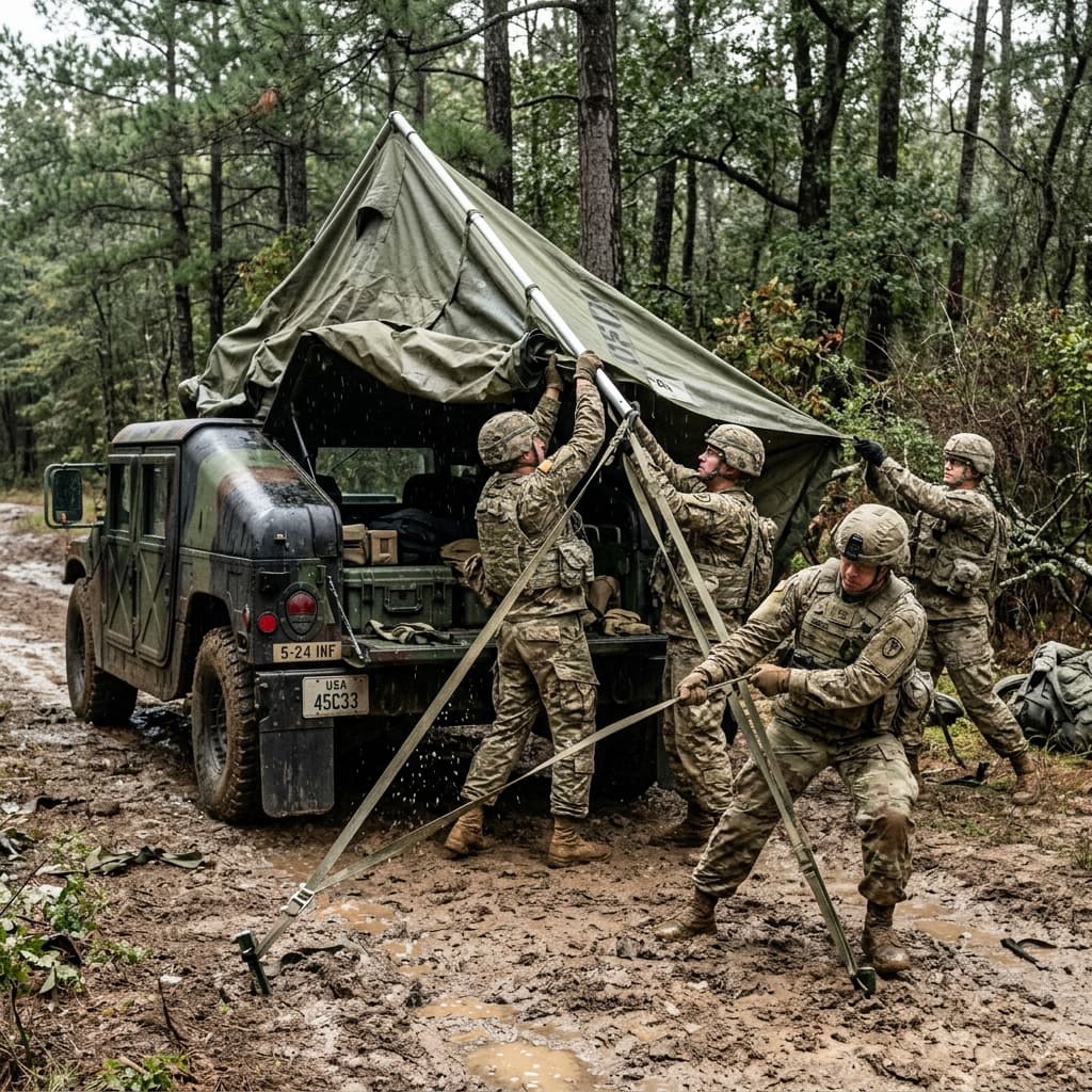 Action shot of soldiers rapidly deploying an A frame tactical operations tent from the back of a tactical vehicle