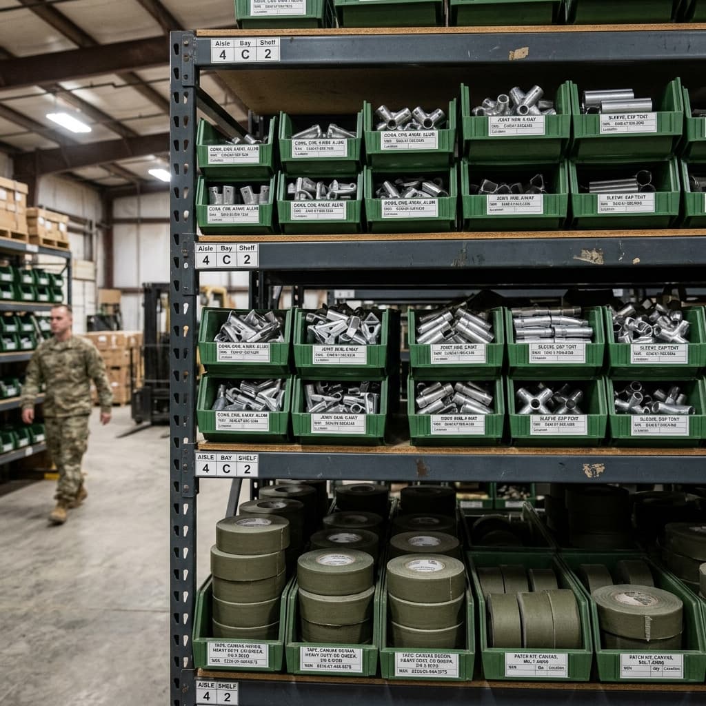 A well organized tactical military logistics shelf showing hundreds of neatly binned spare aluminum expeditionary tent joints and rolls of heavy military canvas repair tape