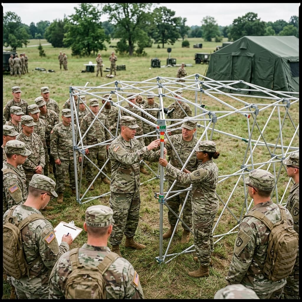Instructors actively demonstrating precise tent erection techniques to soldiers