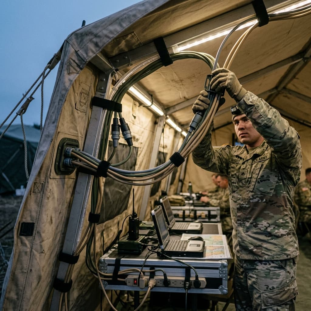 Specialist smoothly connecting power routing cleanly in expedition tents