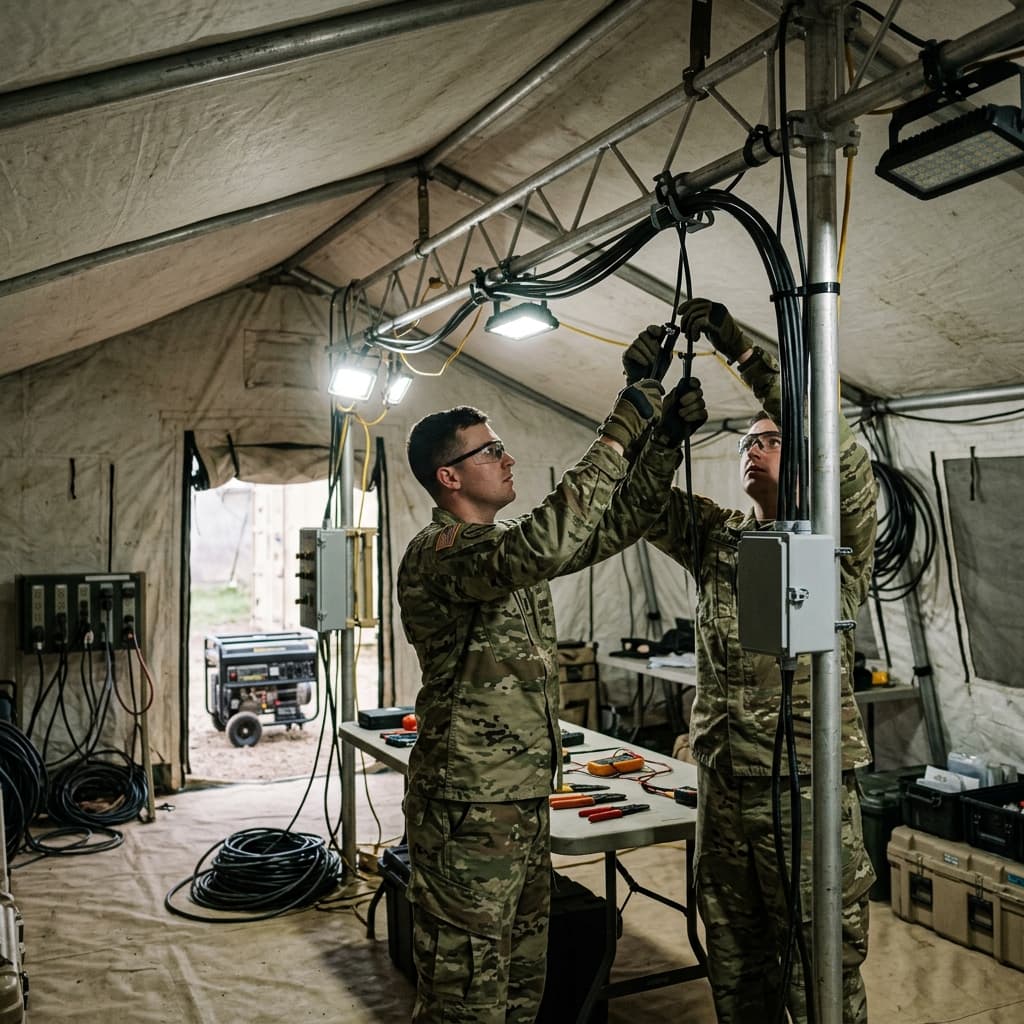 Logistics officers securing rugged wire networks and heavy duty lighting inside expedition tent