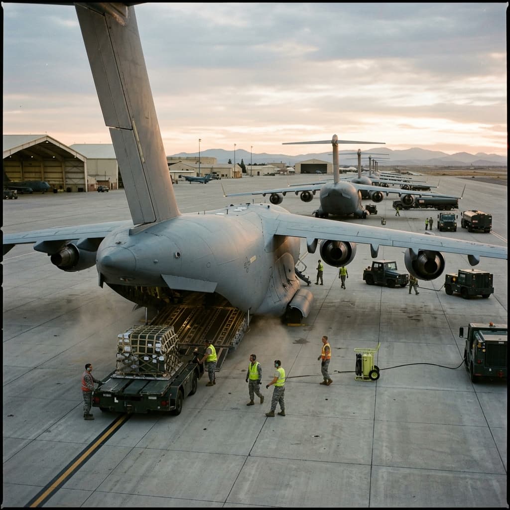 Logistics aircraft loading securely packed military shelters