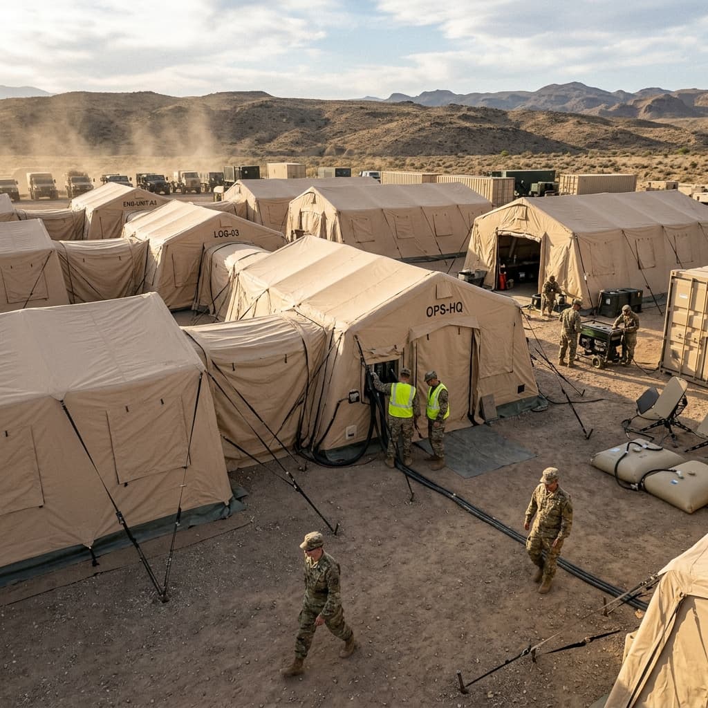 Complex interconnected modular tent system from exterior