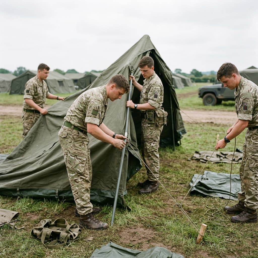 Soldiers efficiently training on specialized tent construction