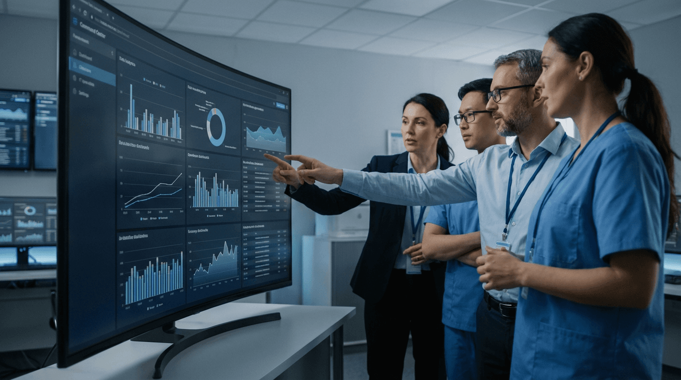 Clinical and informatics leaders reviewing operational dashboards in a hospital technology setting