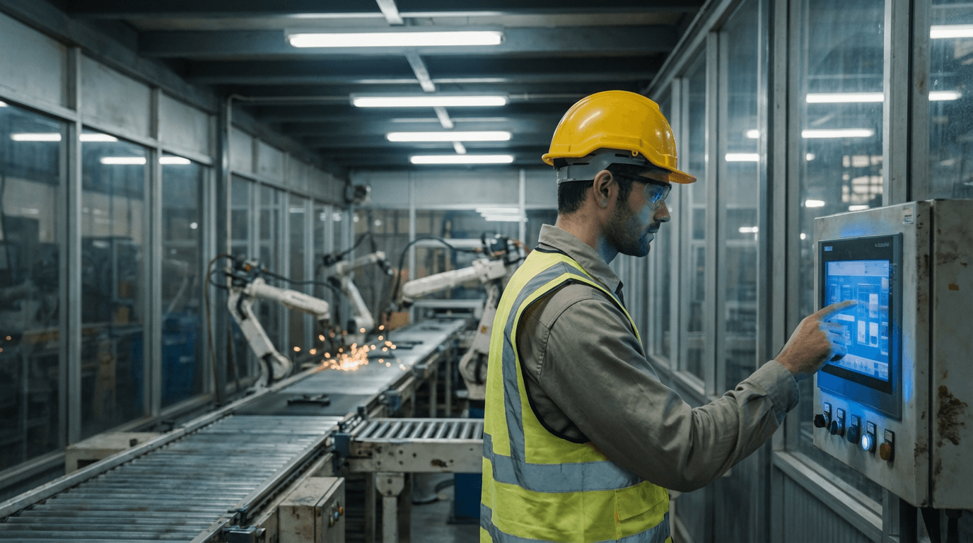 Manufacturing engineer at an industrial control panel with automated production equipment in the background