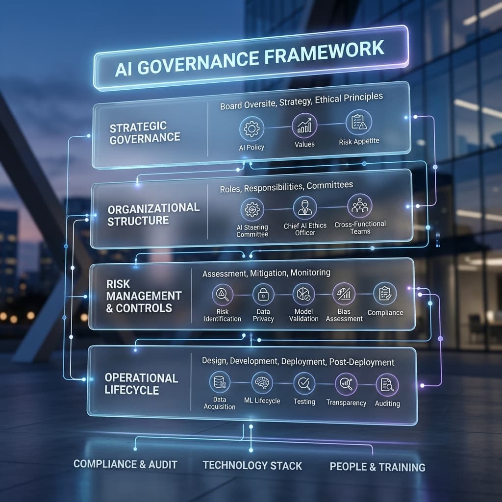 3D structural diagram of an AI governance framework