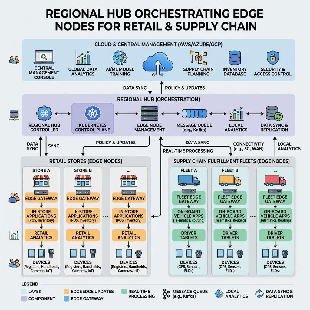 Regional hub orchestrating edge nodes for retail stores and supply chain fulfillment fleets
