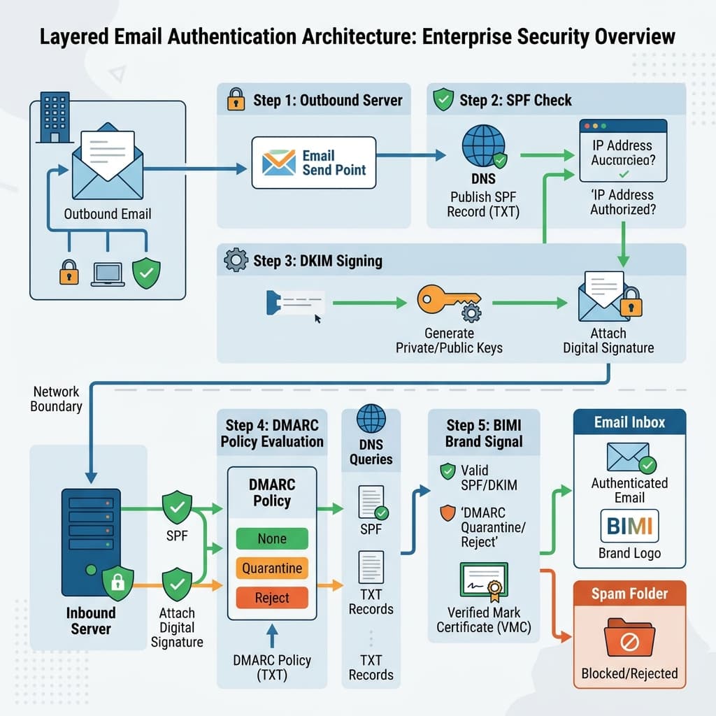 Layered email authentication architecture showing SPF DKIM DMARC and BIMI brand signal