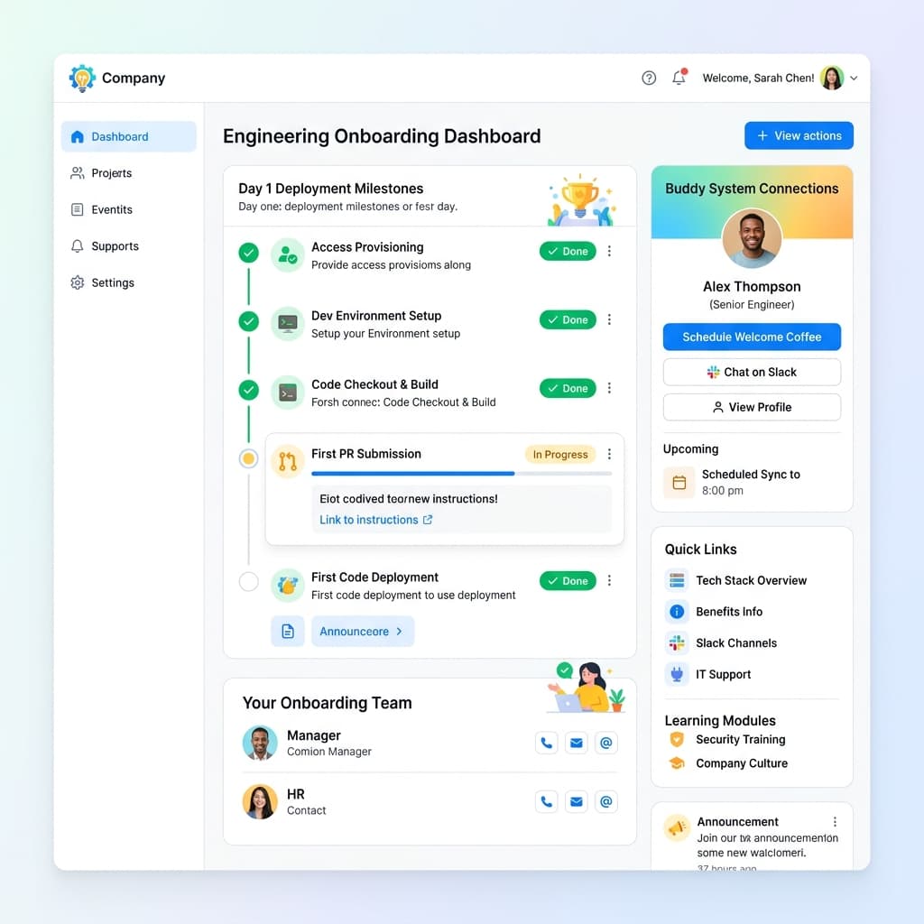Engineering onboarding dashboard showing day one deployment milestones and buddy system connections