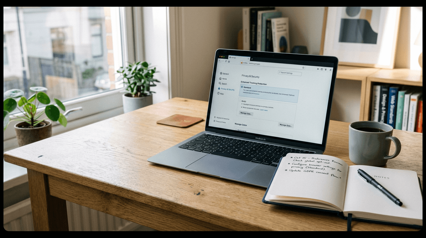 Focused work at a laptop in a calm office setting representing transparent web preferences and controls