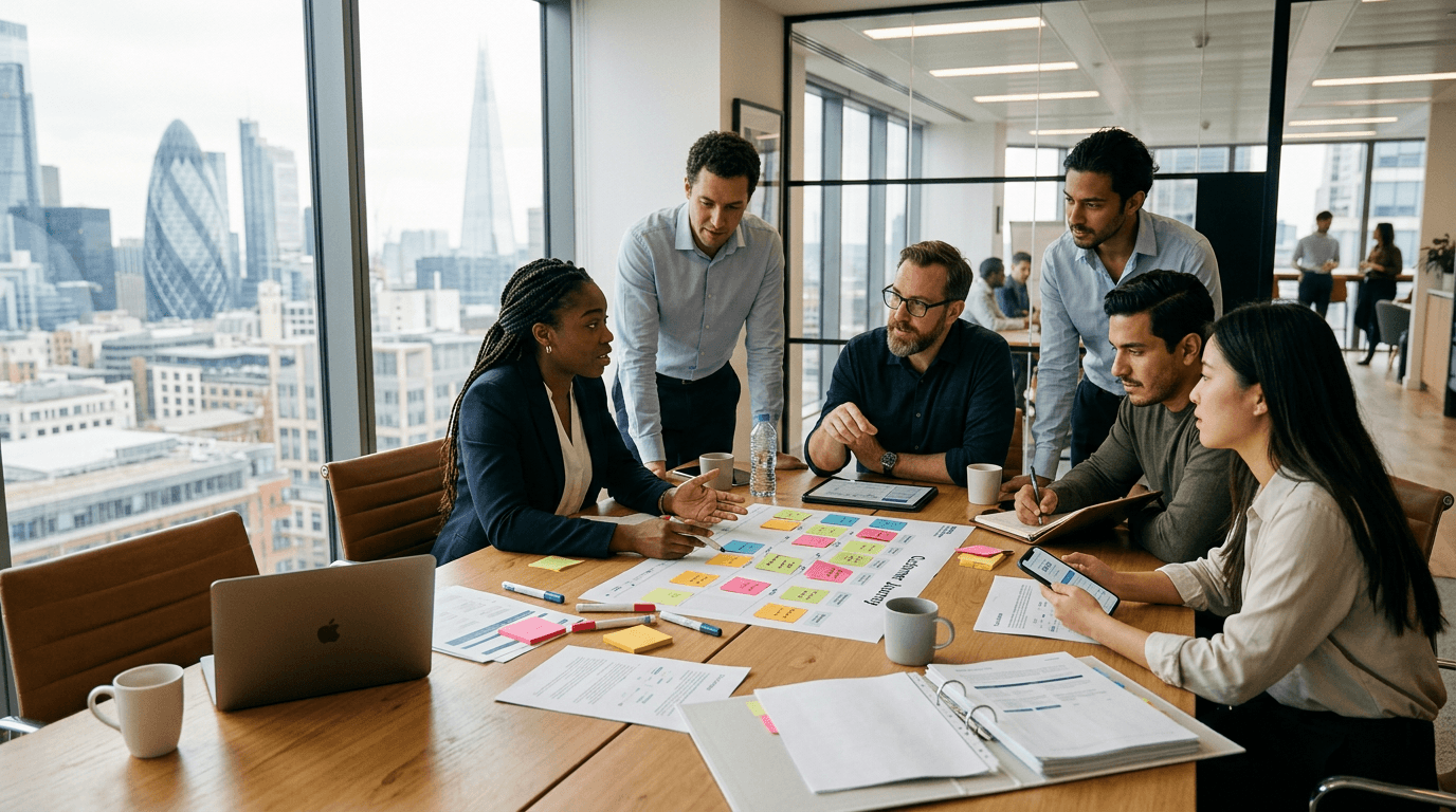 Cross-functional product and technology team reviewing customer journeys and integration plans in a workshop setting