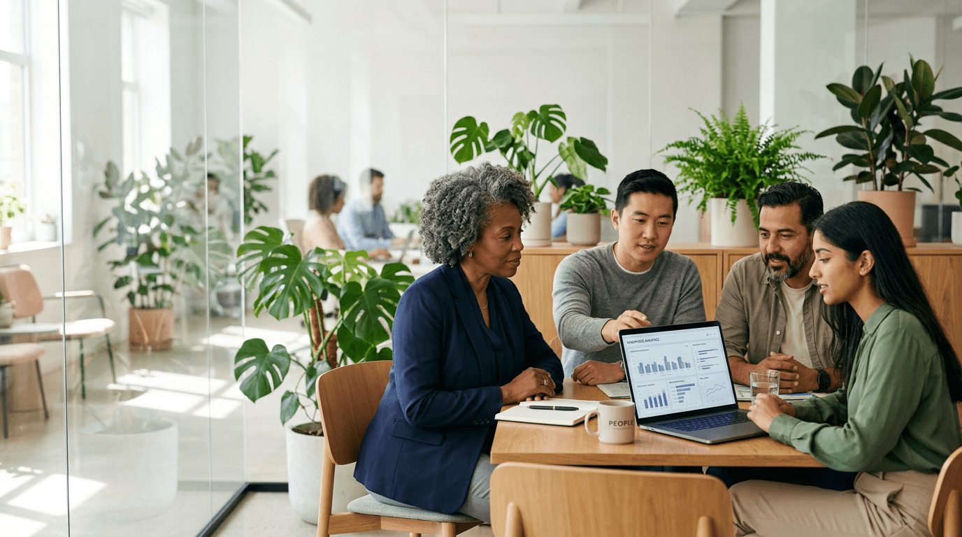 HR leaders and people operations partners reviewing workforce planning in a modern people analytics workspace