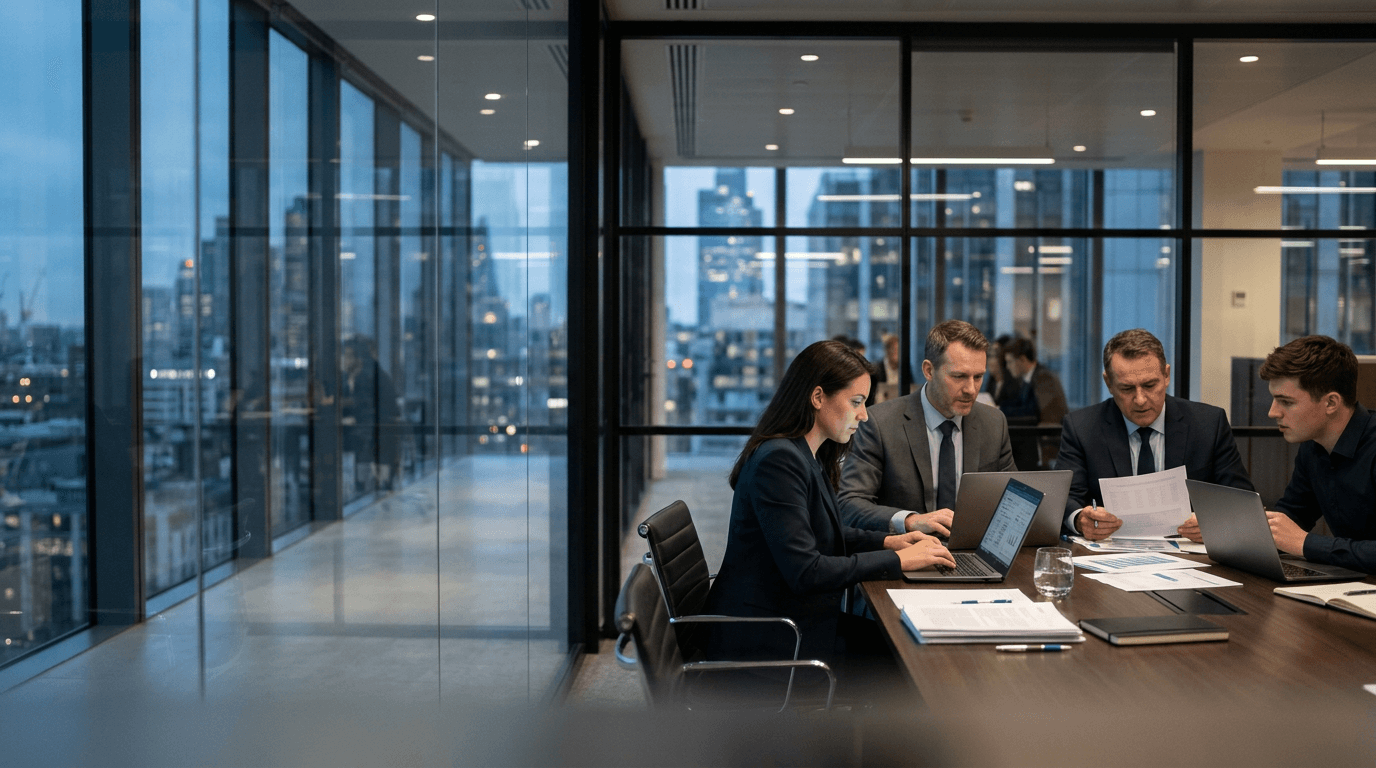 Fund operations professionals reviewing secondary deal workflows in a secure institutional office