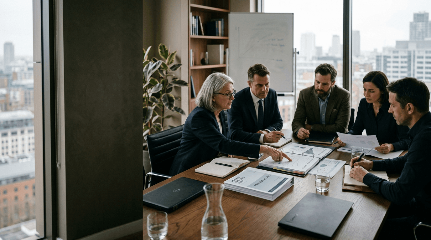 Senior executives and advisors in a strategy working session reviewing operating plans and portfolio priorities