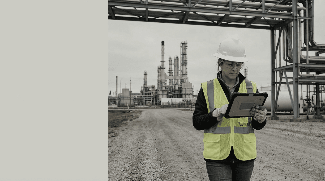 Environmental health and safety lead conducting a facility walkthrough with tablet and monitoring equipment