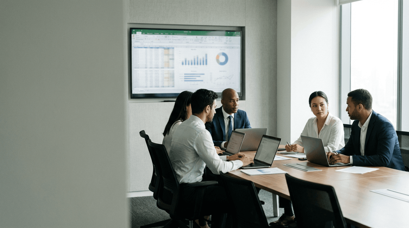 Finance planning team collaborating on forecasting and consolidation materials with analytical displays in the background