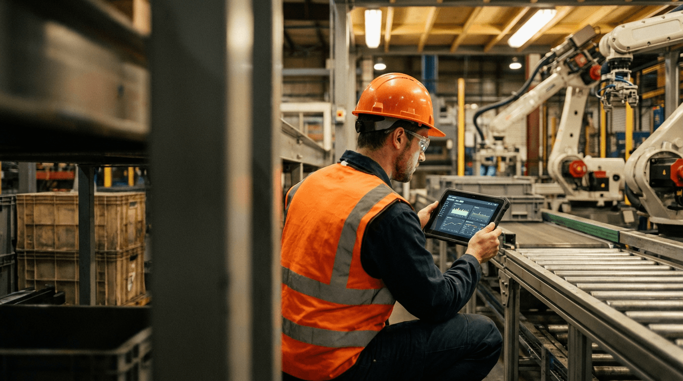 Operations technologist with tablet monitoring industrial equipment on a factory floor with safety-aware context