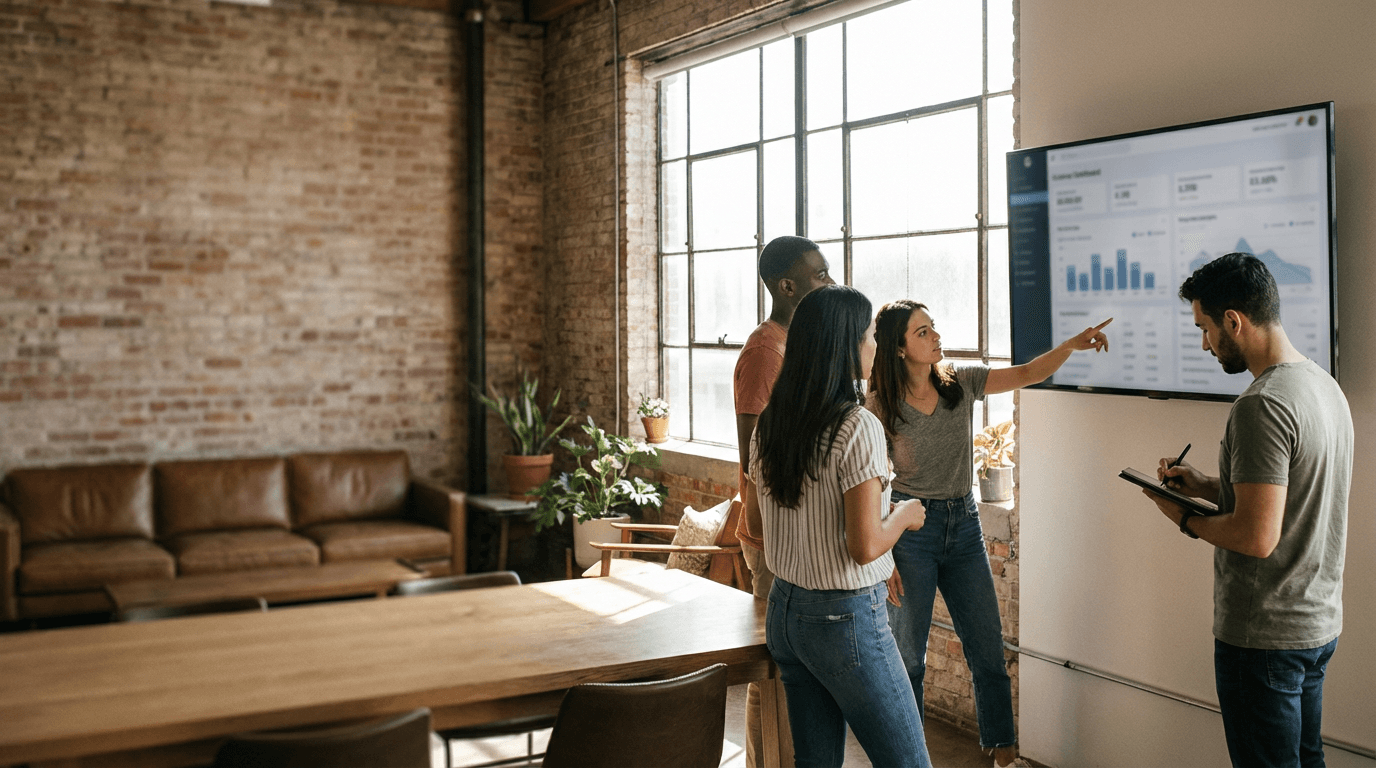 Marketing operations specialists reviewing campaign performance and audience segments in a studio workspace